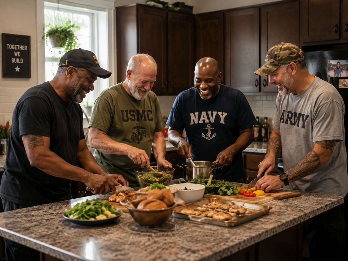 Four military veterans in shirts preparing food together at a kitchen counter with vegetables and ingredients