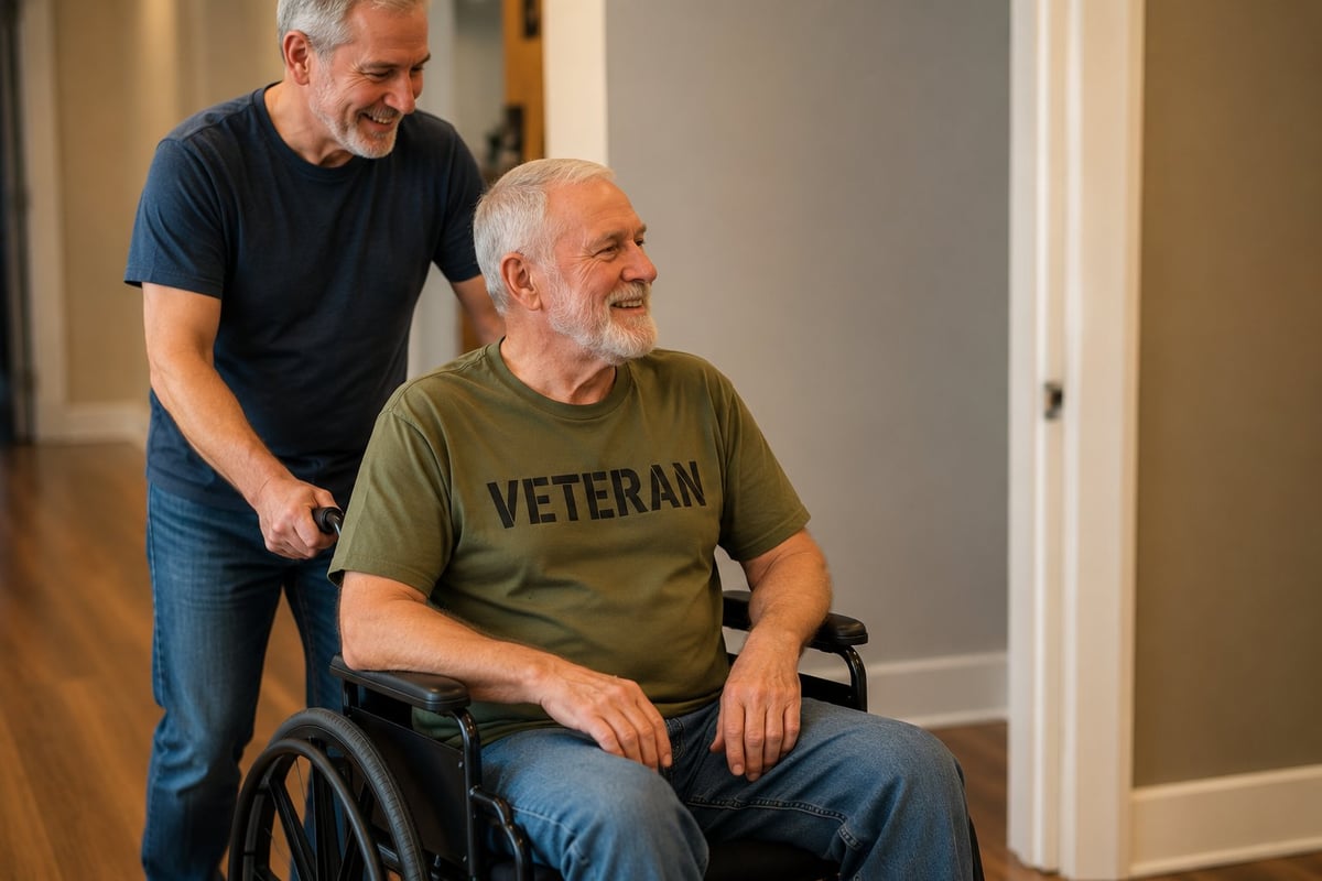 An older man wearing a veteran shirt sits in a wheelchair while another man in a navy shirt stands beside him offering support